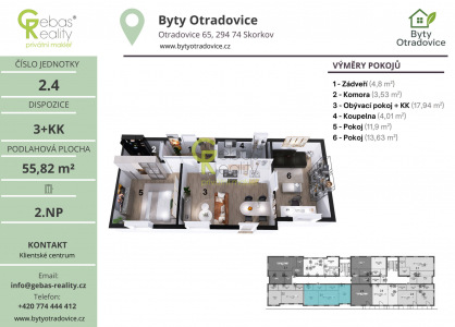 Prodej bytu, 3+kk, 56 m²